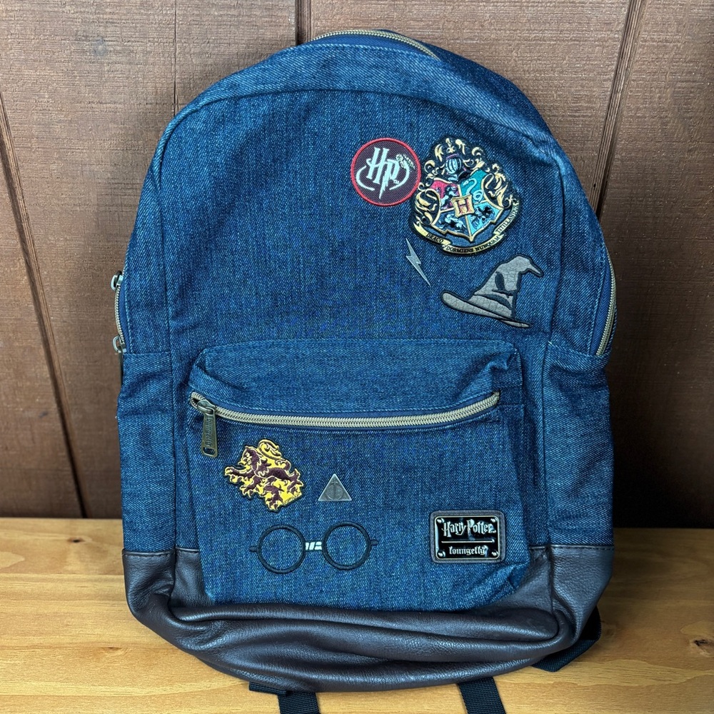 Loungefly Denim Harry Potter Backpack with Patches and Brown Faux Leather Straps